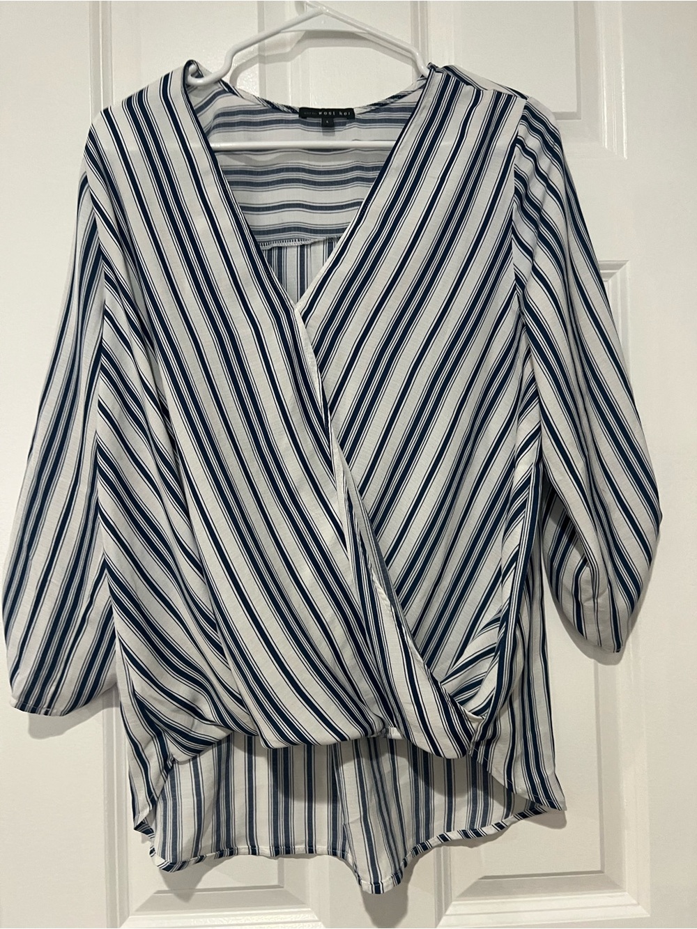West Kei Navy and White Striped Wrap Blouse shirt large